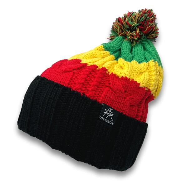 Stripe Pattern POM Beanie Thick Warm Soft Knit Long Cuffed Ski Cap Snowboard Hat - Picture 1 of 6